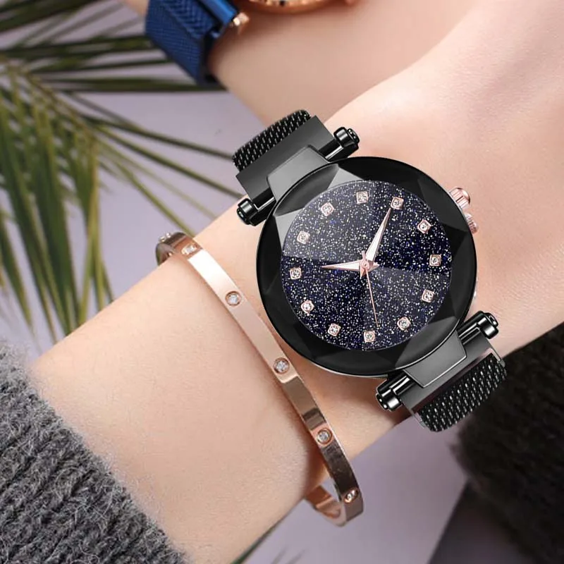 

WJ-8483 Luxury Female Watch Stainless Steel Magnet Mesh Women Quartz Watches Fashion Starry Sky Ladies Wristwatches For Women