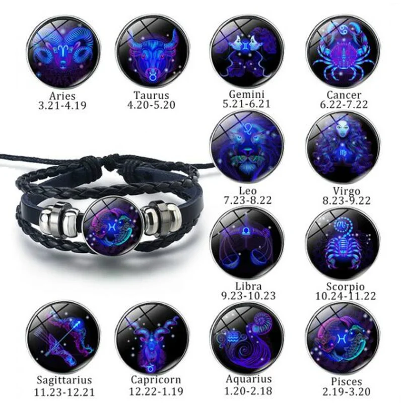 12 Constellation Zodiac Sign Bracelets Black Braided Leather Bracelet