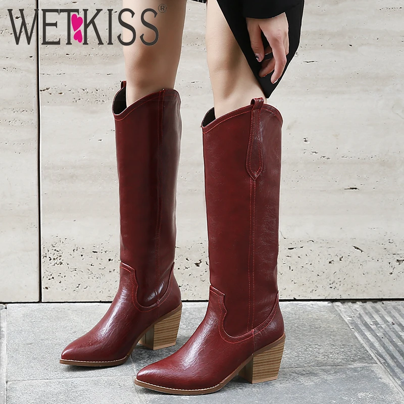 WETKISS/ковбойские сапоги женские до колена на деревянном каблуке женская обувь с