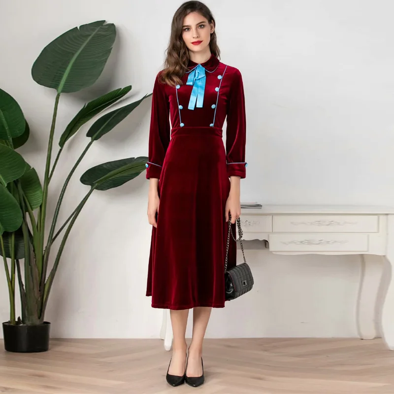 

Euramerican Elegant Women Party Stunning Dresses Spring Fitness Casual Double Breasted Buttons Wine Red Velvet Quality Dress