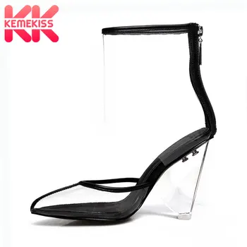 

KemeKiss Real Leather Women Sandals Casual Novel Strange Heel Shoes Women Ankle Strap Zipper Cool Female Footwear Size 34-43