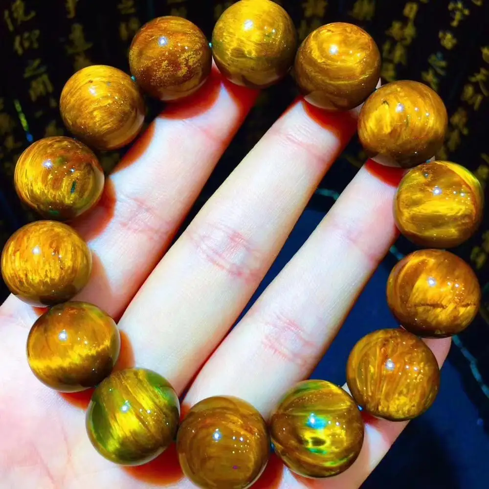 Certificate Natural Yellow Pietersite Bracelet 15.3mm From Namibia Round Beads For Women Men Stretch Stone AAAAA | Украшения и