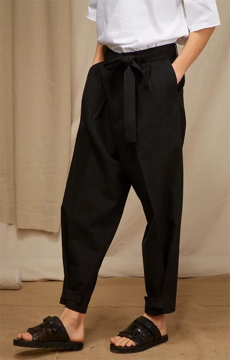 

Spring/summer new men's loose wide leg trousers casual straight trousers solid color waistline tie trouser leg multi button