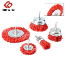 Brosse de tasse en Nylon 1/2/3/4 pouces, grain 80, roue en fil abrasif, tige de 6mm, bois, métal, polissage, outils rotatifs d'ébavurage et de nettoyage, 5 pièces