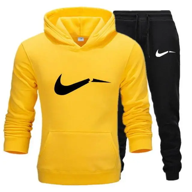 yellow and black-H Новинка, модные мужские толстовки с капюшоном, костюмы, брендовый спортивный костюм для мужчин/женщин, толстовки+ спортивные штаны, осенне-зимний флисовый пуловер с капюшоном - Цвет: yellow and black-H