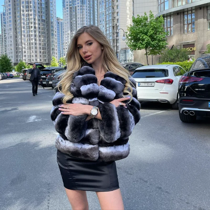 FURSARCAR New Arrival Real Rex Rabbit Fur Imitate Chinchilla Furs Jacket Natural Rabbit Fur Coat Slim Female Fashion Overcoat