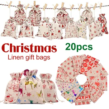

20pcs 10x14cm Linen Fabric Christmas Apple Candy Gift Bag Snowflake Santa Claus Drawstring Sack Jute Packaging Canvas Decor Bags