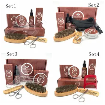 

6pcs/set Beard Kit Styling Tool Men Beard Oil Comb Brushes Set Moisturizing Wax Cream Styling Scissors Beard Care Set