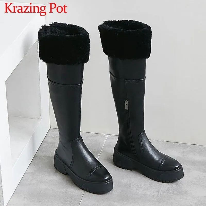 Krazing Pot/однотонные рыцарские зимние сапоги из коровьей кожи; теплые зимние женские сапоги до бедра с круглым носком на высоком каблуке и толстой подошве; L44