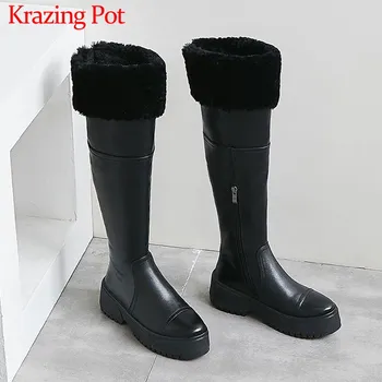 

Krazing Pot solid cow leather knight snow boots round toe high heels thick bottom winter keep warm women thigh high boots L44