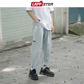 Lappster Men Hole Ripped Jeans Mens Korean Blue Harajuku Distressed Jeans Denim Jeans Men Streetwear Fashion Desginer Pants Leather Bag