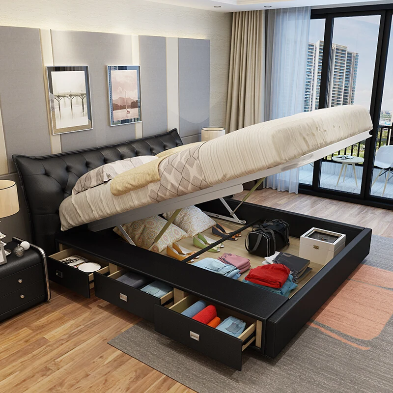Genuine Leather bed frame camas кровать двуспальная lit beds سرير muebles de dormitorio мебель cama de casal storage drawers