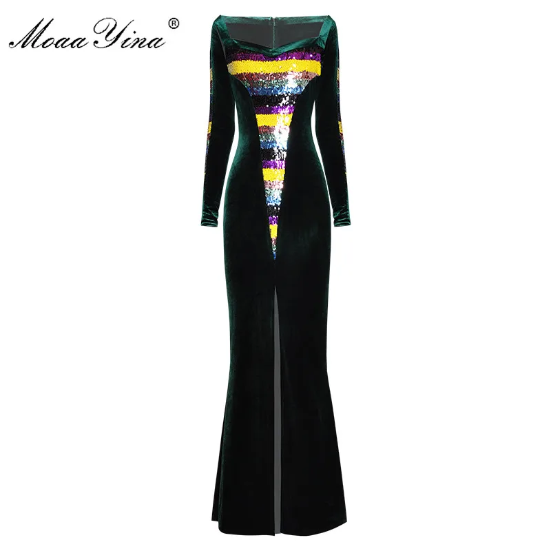 

MoaaYina Fashion Designer dress Spring Women's Dress V-neck Long sleeve Sequins Sexy Package buttocks Split Velvet Dresses