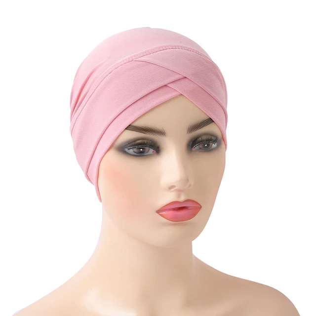 H117 High Quality Criss Cross Muslim Hijab Inner Hat Underscarf Pull On Islamic Scarf Turban Caps Full Headcover Women Headwrap light pink