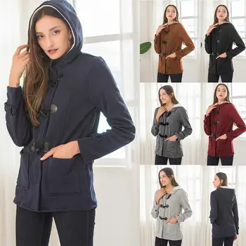 

Plus Size Winter Fashion Women Solid Color Horn Buckle Hooded Long Sleeve Coat Solid Color, Hooded, Horn Buckle, All-match hot s
