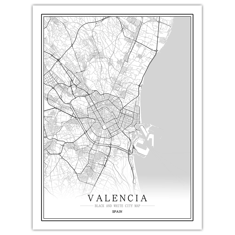 Испания черный белый мир Карта города плакат Скандинавская гостиная стены искусства картины Домашний декор холст живопись - Цвет: VALENCIA