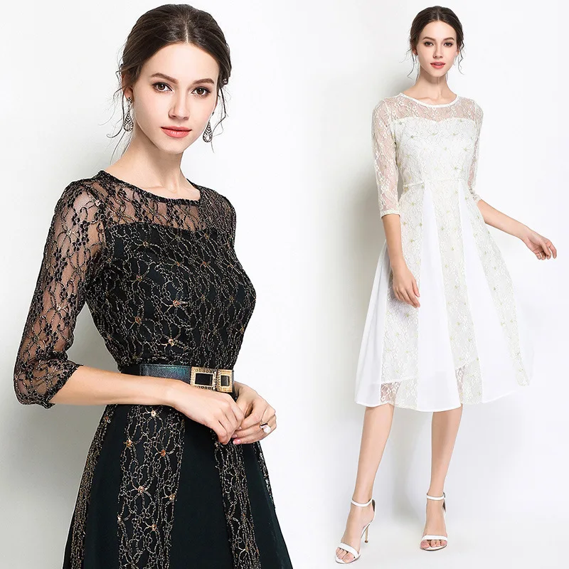 

Ozhouzhan 2018 Spring And Summer New Style High-End WOMEN'S Dress Mid-length of New Style Lace Splicing Dress