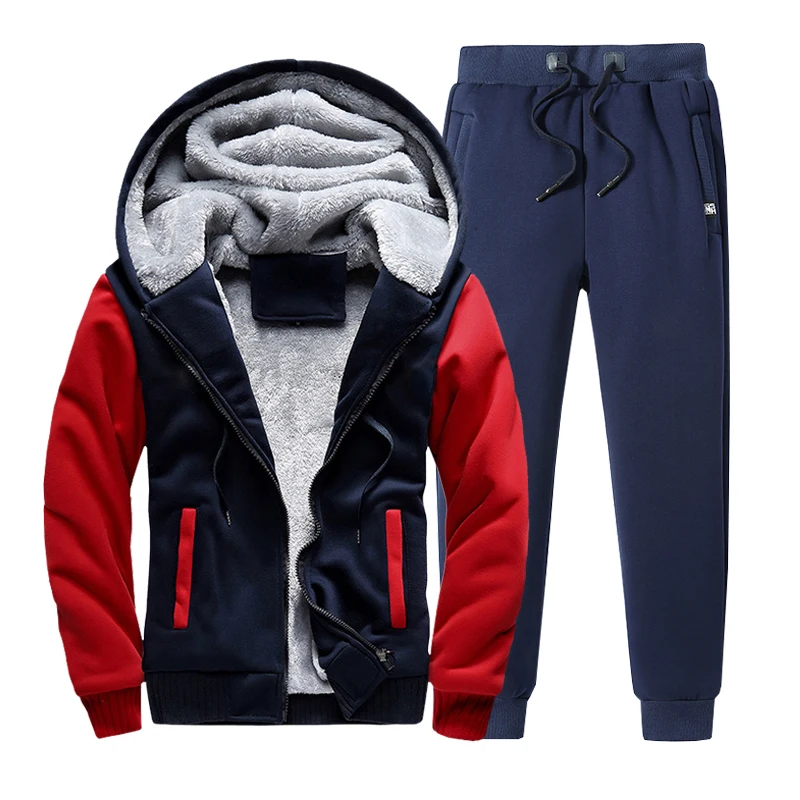 Training Sport Suit Men Winter Tracksuit Men's Warm Hooded Sportswear Fleece Lined Thick Running 2PCS Jacket Pants Set Male