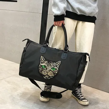 

Ladies Black Travel Bag Cat Sequins Shoulder Bag Women Handbag Ladies Weekend Sport Portable Duffel Bag Waterproof Bolsos