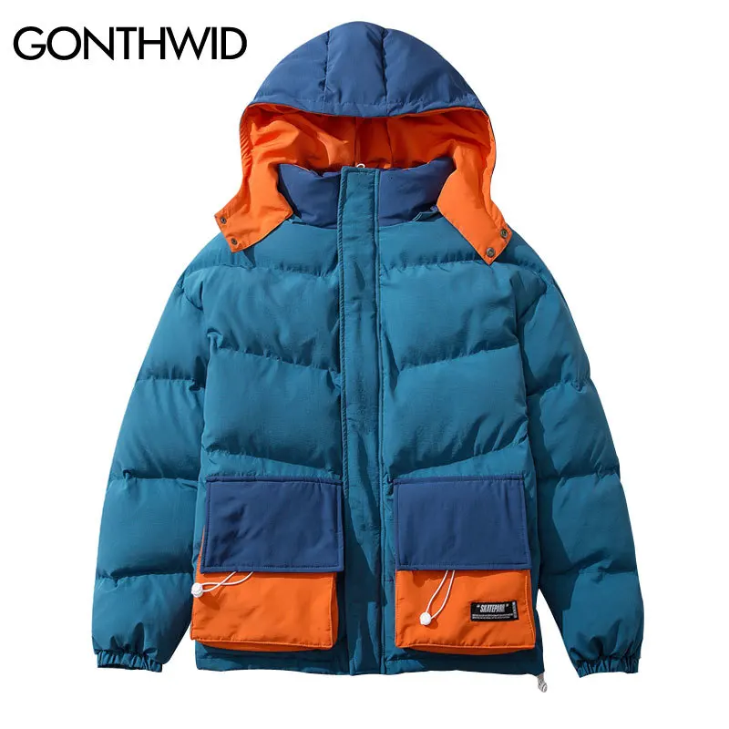 

GONTHWID Color Block Patchwork Pockets Removable Hooded Parkas Streetwear Casual Cotton Padded Parka Jackets Hip Hop Thick Coats