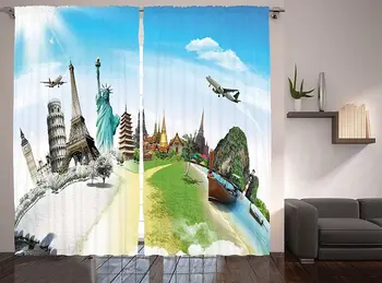 

Travel Window Curtains Airplane Flight Over Monuments and Wonders of The World Eiffel Thailand Image Living Room Bedroom Decor
