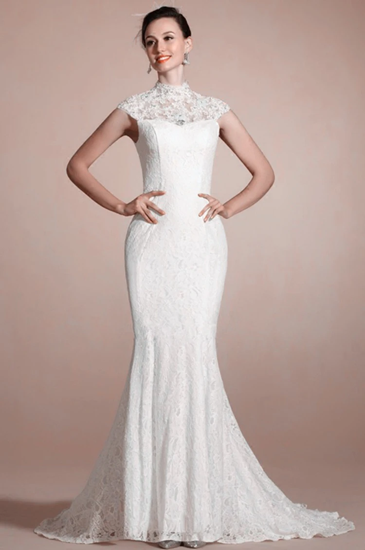 

strapless thermal imager strapon features closure cap sleeve Re-embroidered high neck lace mermaid