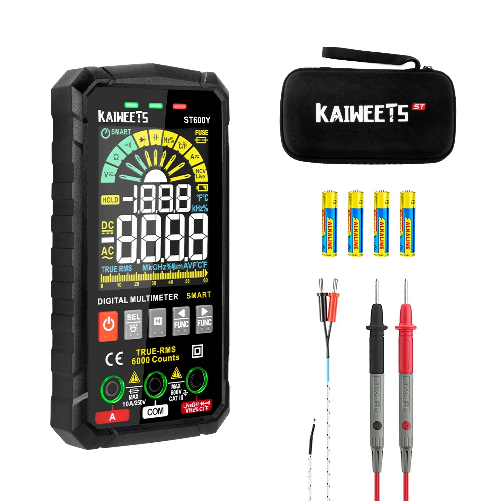 KAIWEETS ST600Y Ture RMS Digital Multimeter Auto Range NCV Intelligent Multimetro Tester AC DC Voltage Capacitance Ohm Hz Meter laser measuring tape