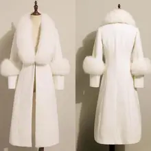 Роскошное женское бежевое белое кашемировое длинное пальто, Воротник из натурального Лисьего меха, приталенная Зимняя парка, пальто, куртка, шерстяное пальто, верхняя одежда