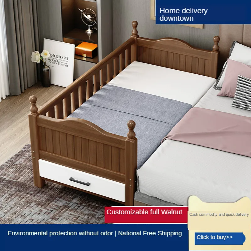 

Customized Children's Bed with Fence Boy Stitching Big Bed Widened Bedside Girl Small Bed Customized Solid Wood Crib