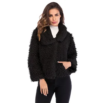 

Soft Long Sleeve Autumn Winter Work Daily Solid Turndown Collar Warm Fluffy With Pocket Holiday Women Coat Casual Faux Fur
