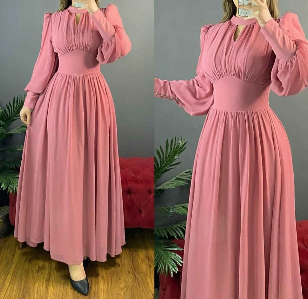 

Elegant A-Line Long Sleeve V-Neck Chiffon Prom Dresses with Pockets Robe De Soiree Floor Length Zipper Back Formal Party Gowns