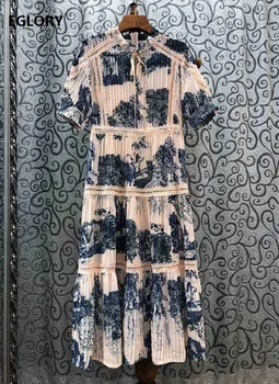 

Top Quality Silk Dress 2020 Summer Style Women Vintage Ink Painting Prints Hollow Out Embroidery Short Sleeve Pleated Dress