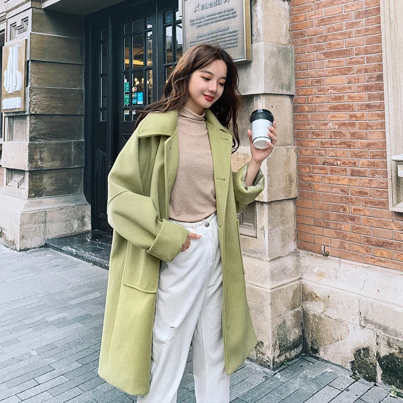 

Photo Shoot Avocado Green Woolen Jacket Women's Mid-length 2019 Autumn & Winter New Style Korean-style Loose-Fit Woolen Overcoat