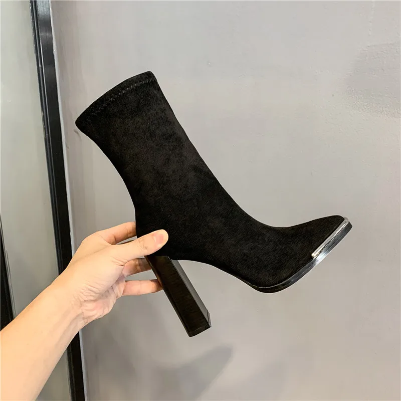 Женские ботинки на толстом каблуке; Botas Mujer; женская обувь с металлическим квадратным носком; ботинки на высоком каблуке; однотонные Модные женские ботинки