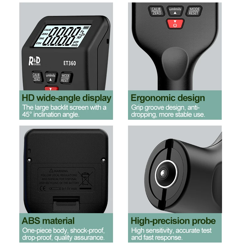 ET360 0-1500&mu;m Car Paint Thickness Meter High Precision Coating Thickness Gauge for Car Fe/NFe Fe+ Zn Russian Manual