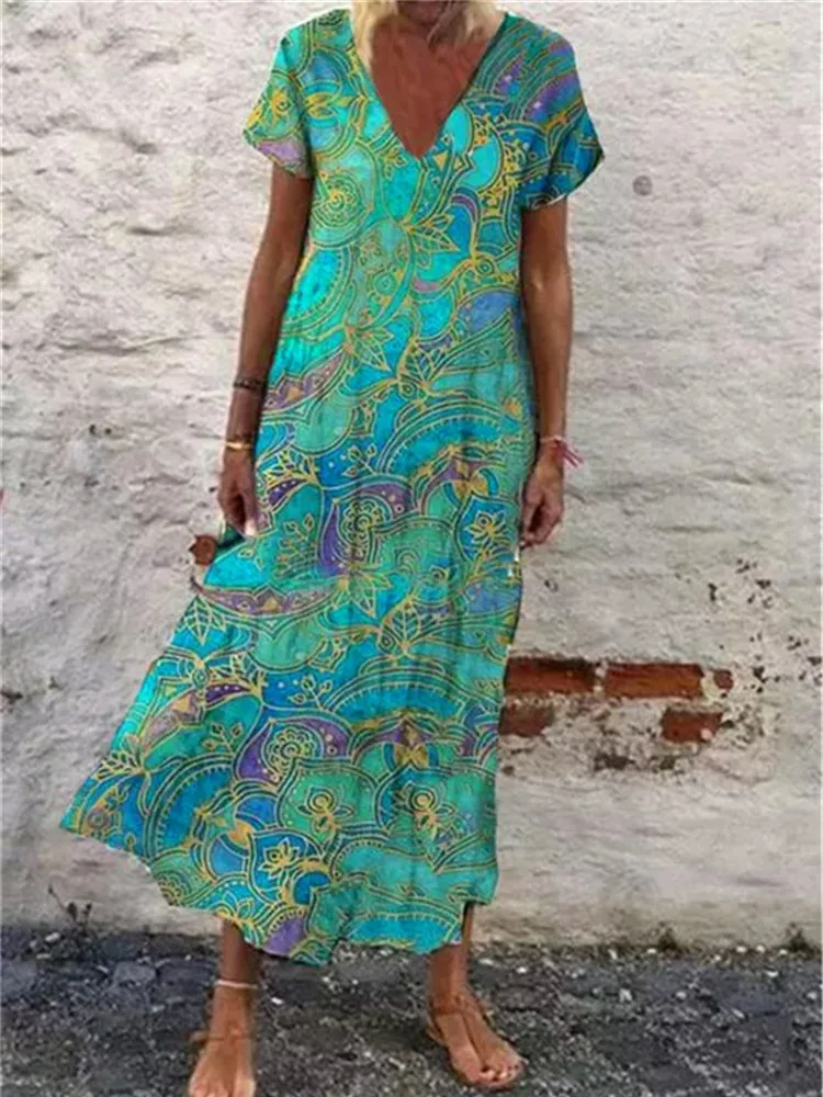 

Boho Beach Casual Dress 2021 Summer Floral V-neck Multicolor Women Dress Beach Style Fashion High Waist Short Sleeve Robe Dress