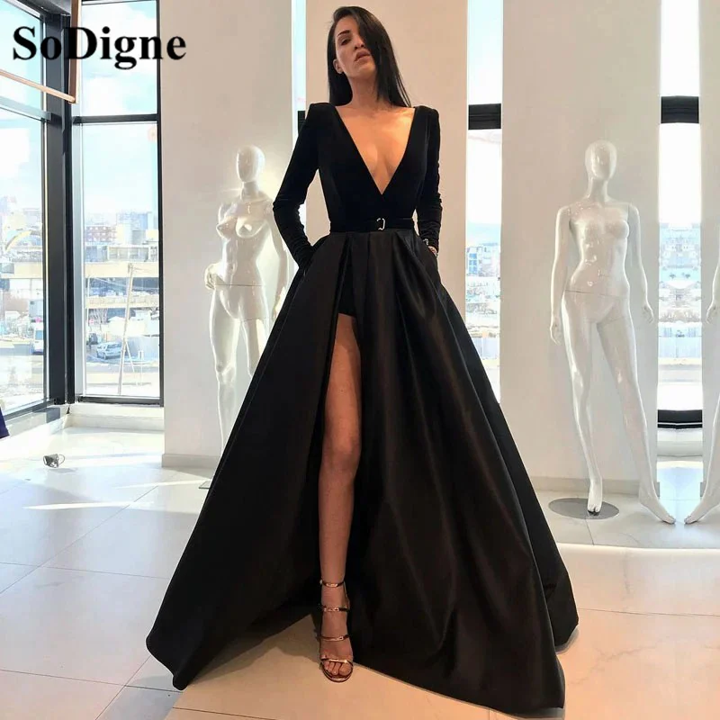 

Женское вечернее платье с разрезом сбоку, с длинным рукавом