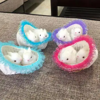 

Realistic Furry Double Rabbit Figurine Sitting in Basket Simulation Couple Animal Model Easter Home Bedroom Table Decoration