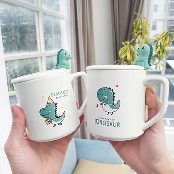 

2020 cute cartoon matte dinosaur, ceramic cup with cover water cup for boys and girls primary fresh students' Mug