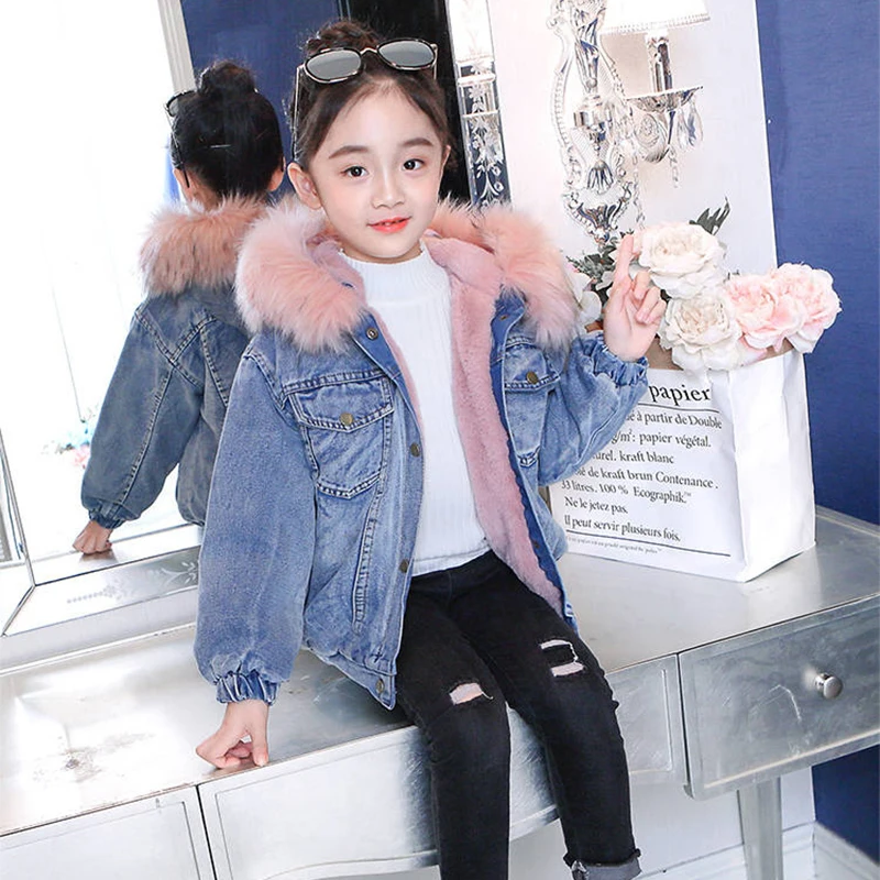

2019 Warm Winter Children's Jackets Faux Fur Denim Jacket For Girl Infant Windbreaker Fleece Plus Warm Outerwear Parka For Girls