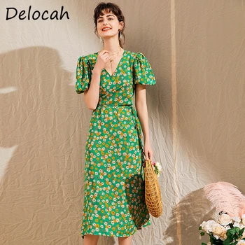 

Delocah Women Summer Fashion Designer Cotton Dress Puff Sleeve Bow Sashes Floral Print Ladies Wrap Bodycon Midi Dresses vestidos