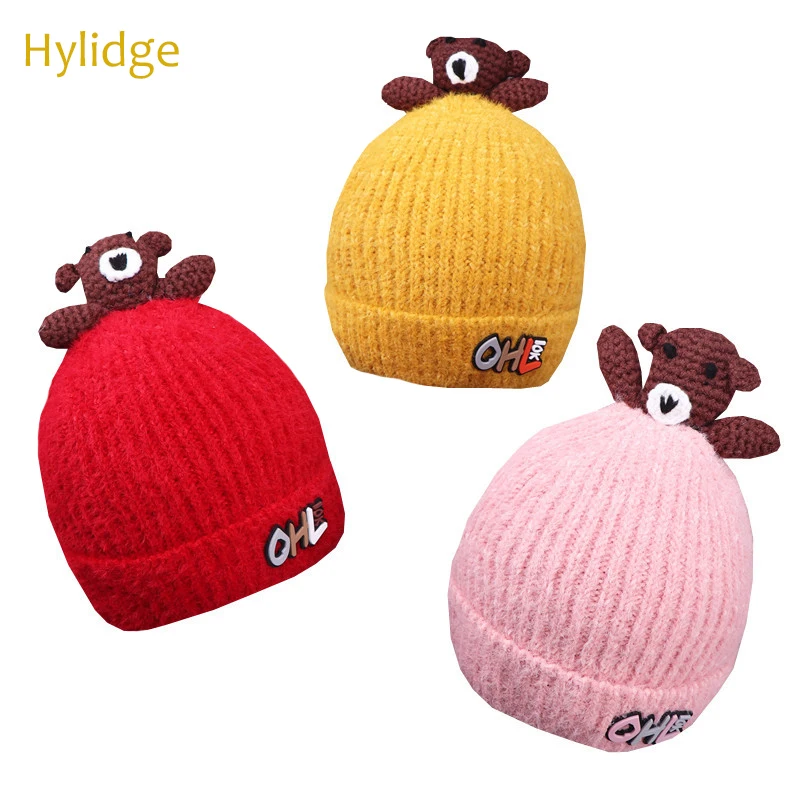 Hylidge 3D мультфильм Медведь кукла Теплые Зимние Детские шапочки Реквизит фотография новорожденный вязаный капот Зимняя шерстяная шапка для детей шапка для малышей