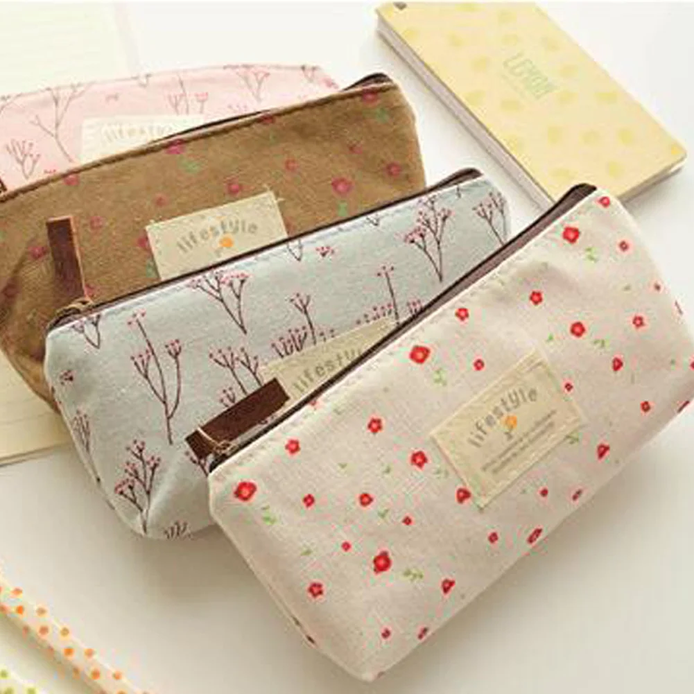

Cute Kawaii Floral Flower Canvas Zipper Pencil Cases Lovely Fabric Tree Pen Bags School Supplies 1Pcs Makeup Storage Bag Purse