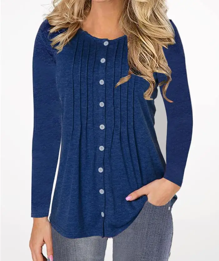 2019New женская блузка рубашка женский топ с круглым вырезом пуговицы и длинным рукавом офисные женские блузки базовые Топы футболки Блузы
