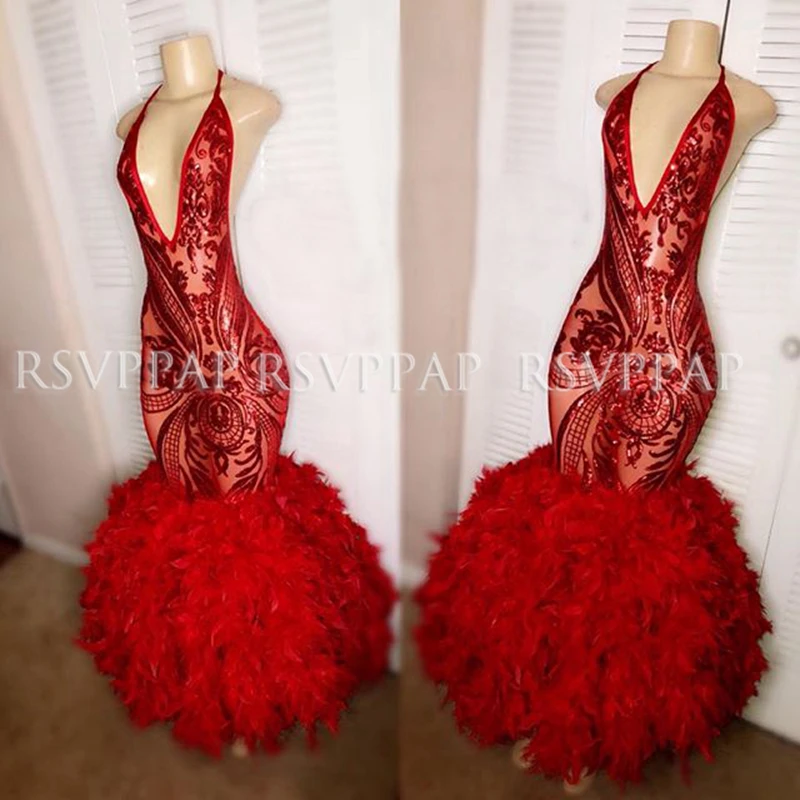 Sexy See Through Lange Prom Dresses 2020 Mermaid Style Halter Sequin Afrikaanse Zwarte Meisje Vrouwen Red Feather Prom Gala Jurk Sexy See Through Lange Prom Dresses 2020 Mermaid Style Halter Sequin Afrikaanse Zwarte Meisje Vrouwen Red Feather Prom Gala Jurk