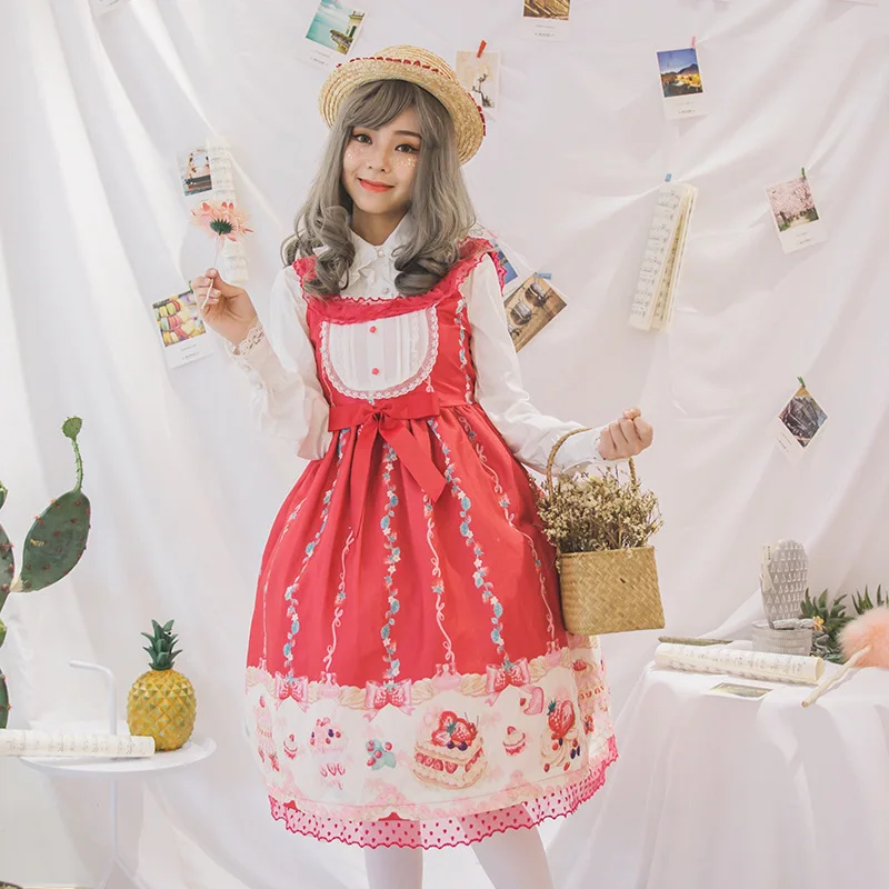 

Japanese sweet lolita dress vintage lace bowknot high waist cute printing victorian dress kawaii girl gothic lolita jsk loli cos