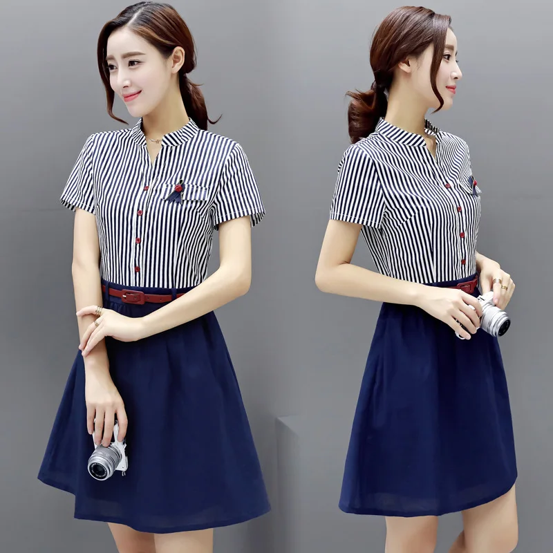 

Short-height Short-sleeve Dress Women's Summer 2019 New Style Slim Fit Waist Hugging Stripes Slimming Mock Two-Piece Chiffon Bas