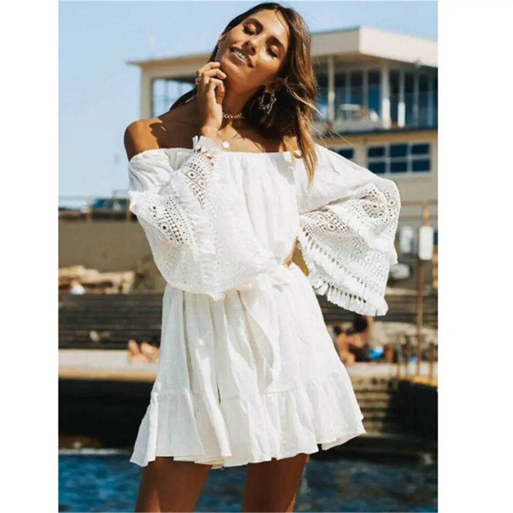 

Summer Womens Boho Maxi Dress Lady Evening Cocktail Party Beach Lace Half Sleeve Waist Strap Holiday Boho Short Dress Sundress