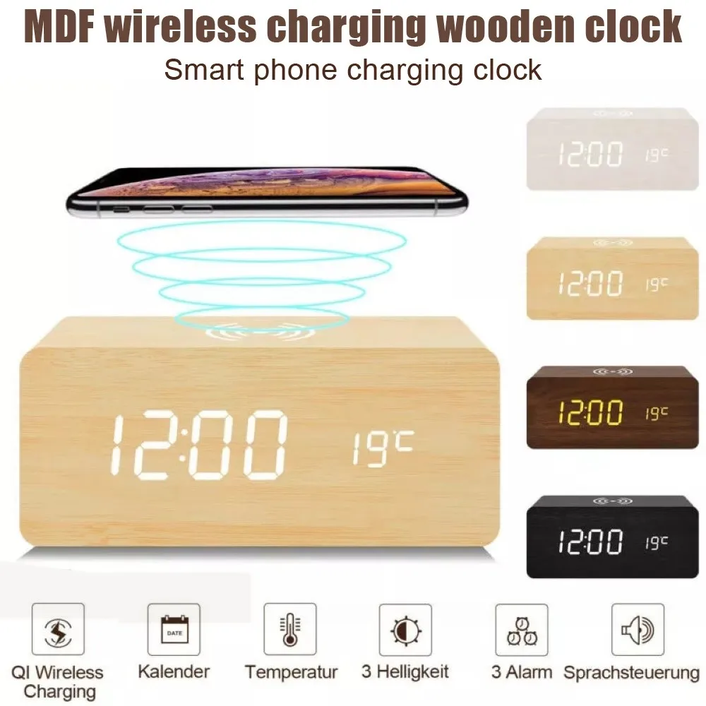 Led Electric Alarm Clock Wood Digital Desk Clock Thermometer Qi