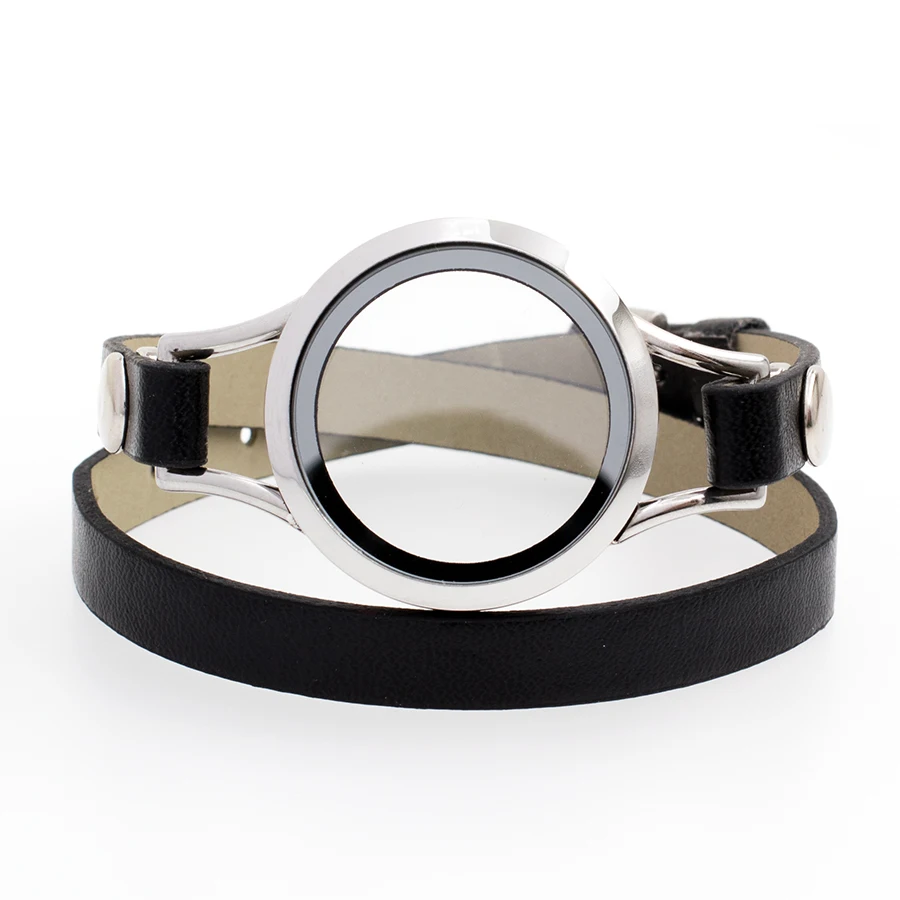 1pc 316L stainless steel floating glass locket with black real leather bracelet 5